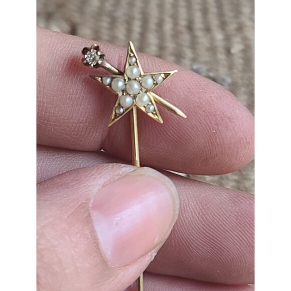 Antique Jewelry - Antique Victorian 14K Gold Pearl & Diamond Starburst Stick Pin – Celestial Star